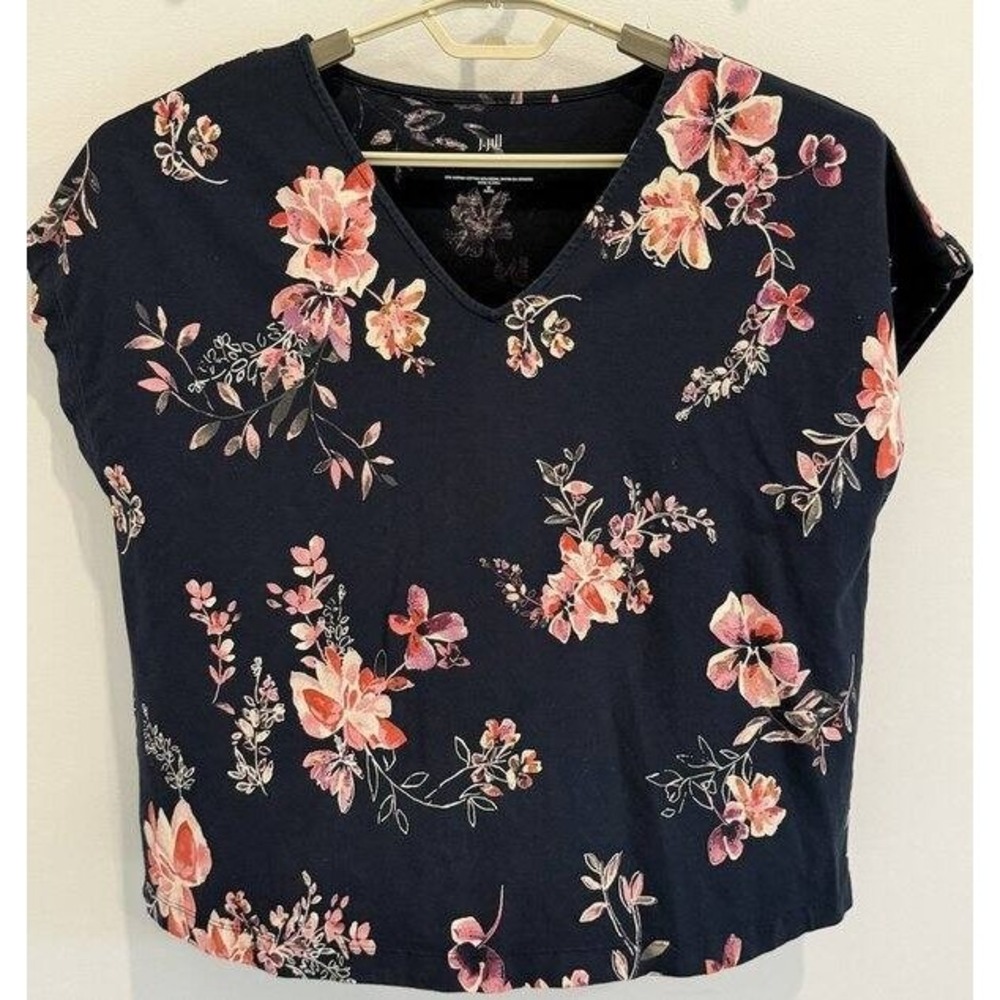 J Jill Luxe Supima V Neck Easy Tee Shirt Navy Floral Size M Petite